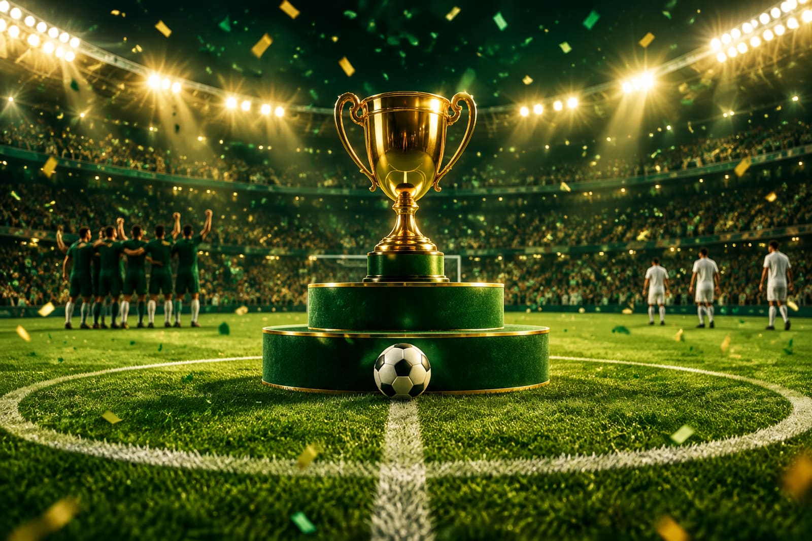 Pokal auf einem Podest im Mittelkreis