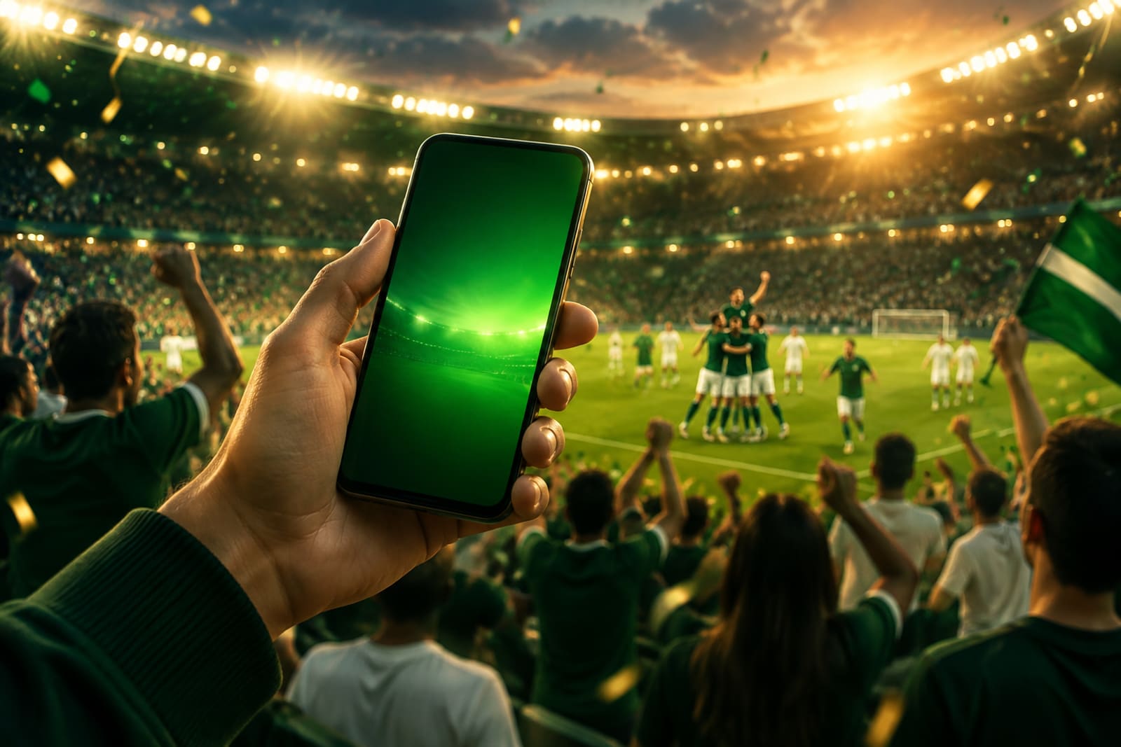 Hand mit Smartphone im Stadion